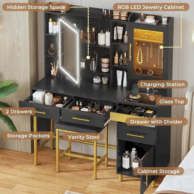 Coiffeuse avec miroir, rangement caché et armoire à bijoux