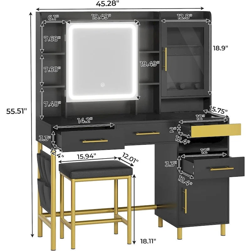 Coiffeuse avec miroir, rangement caché et armoire à bijoux