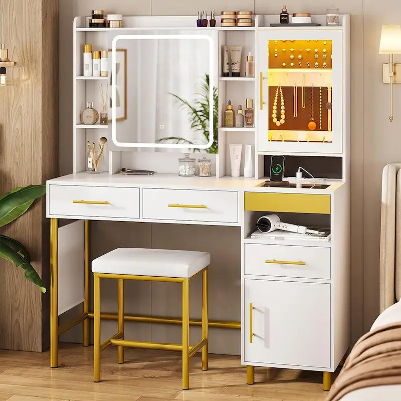 Coiffeuse avec miroir, rangement caché et armoire à bijoux