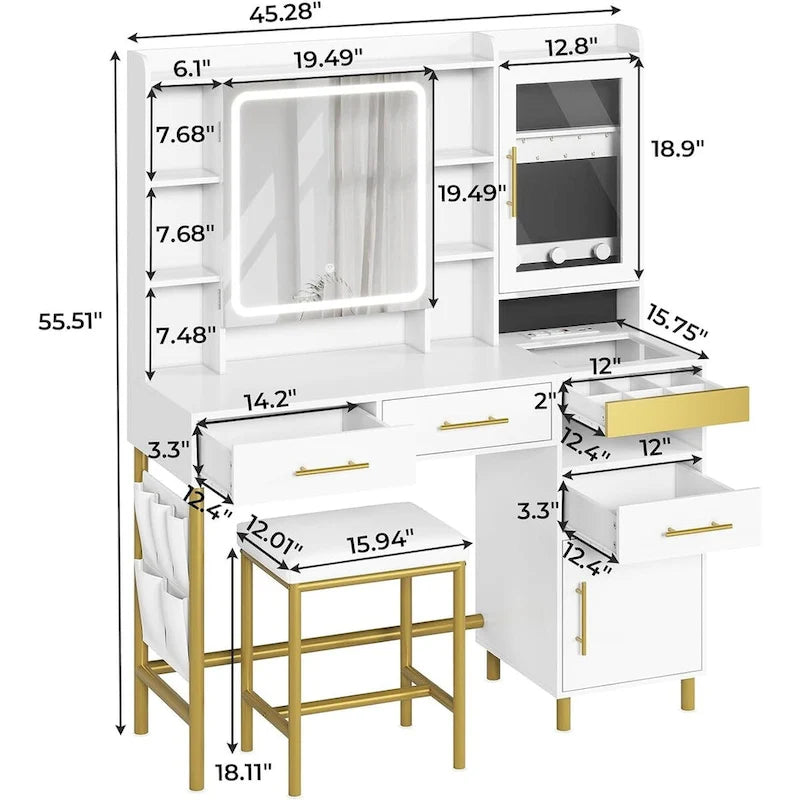 Coiffeuse avec miroir, rangement caché et armoire à bijoux