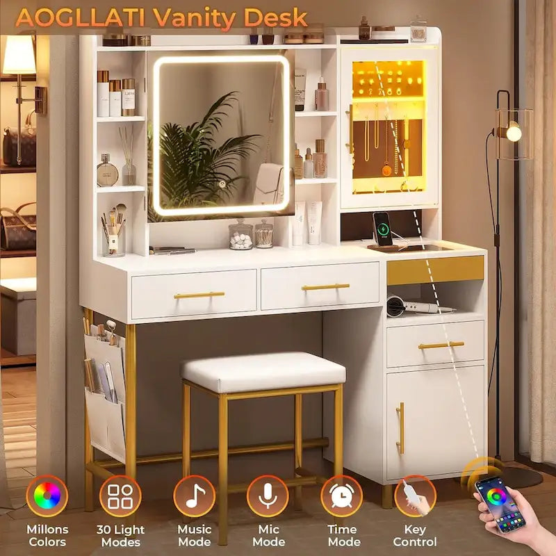 Coiffeuse avec miroir, rangement caché et armoire à bijoux
