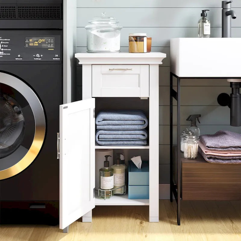 Armoire de rangement avec porte unique et tiroir RiverRidge Somerset pour salle de bain et buanderie, avec étagère réglable - Blanc